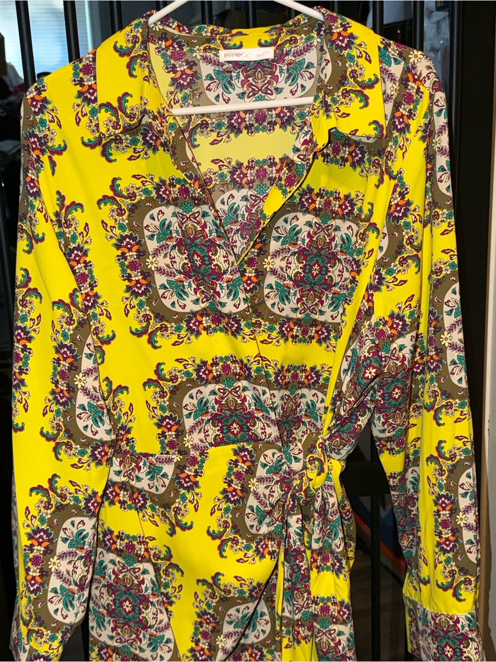 Intempo Brand Yellow Paisley Print Long-Sleeve wrap Dress